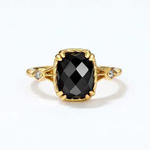 925 Sterling Silver Vintage Gem Square Stone Ring, Black Agate